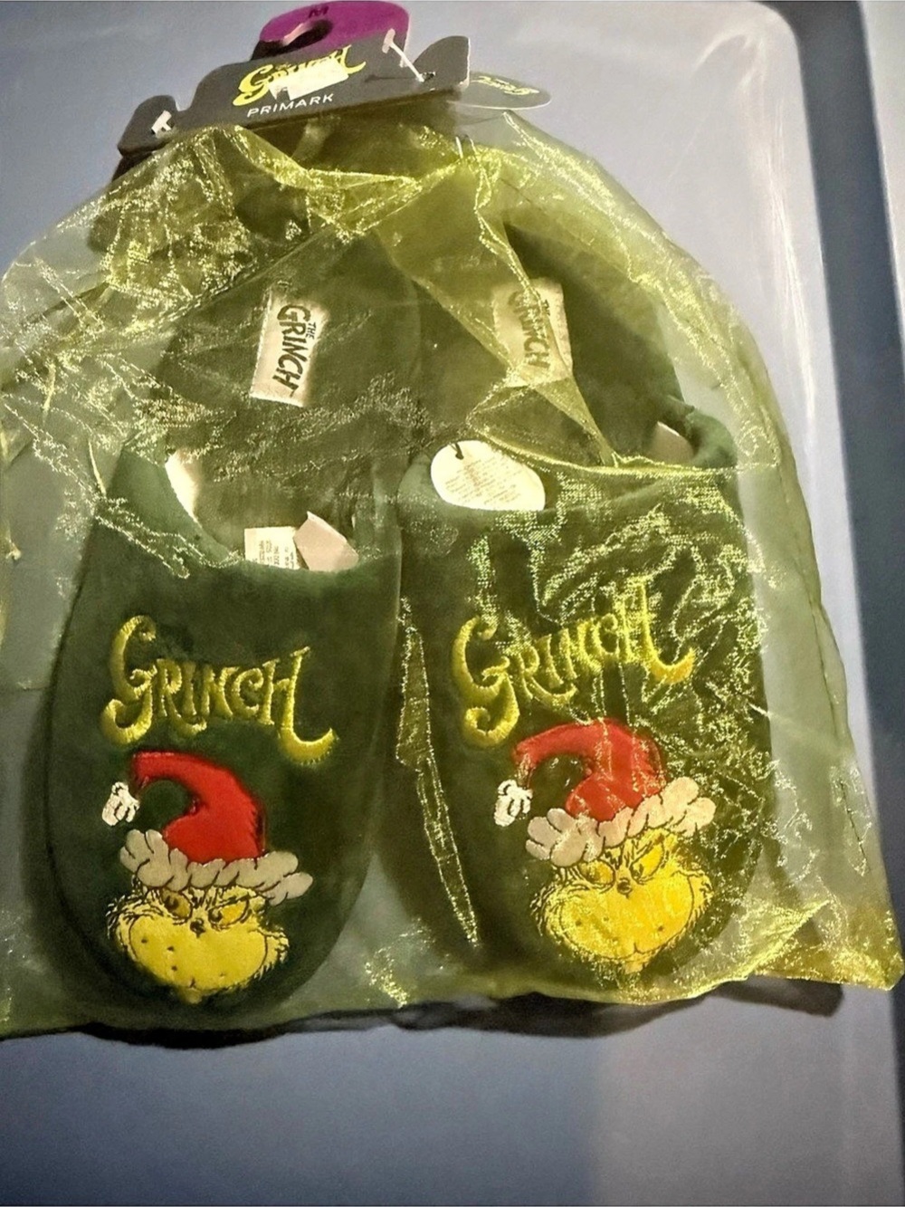 Disney The Grinch Mule Slippers Gift Bag new with tag Primark Women Size M 7/8
